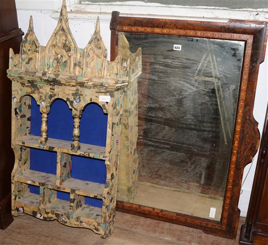 A Victorian inlaid overmantel mirror and paper covered shelves(-)